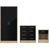 Babylon Wooden Bedroom Set 2 Black Gloss Doors Wardrobe In Oak