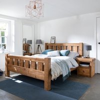 Chunky Wood Bed Frame Slatted Headboard & Footboard, Farmhouse Style - Super King in Medium Oak Wax Finish - The Derwent, Funky Chunky Furniture