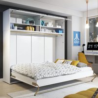 Cadott Wooden Horizontal Wall Small Double Bed In White And LED